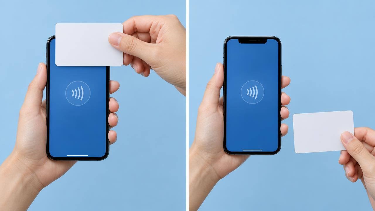 À gauche, la carte est au bon endroit, près du haut de l’iPhone ; à droite, elle est trop loin sur le côté